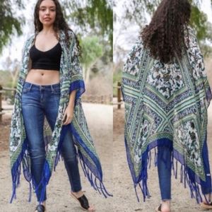 Bohemian Blue Kimono with Fringe. One Size. NWOT.